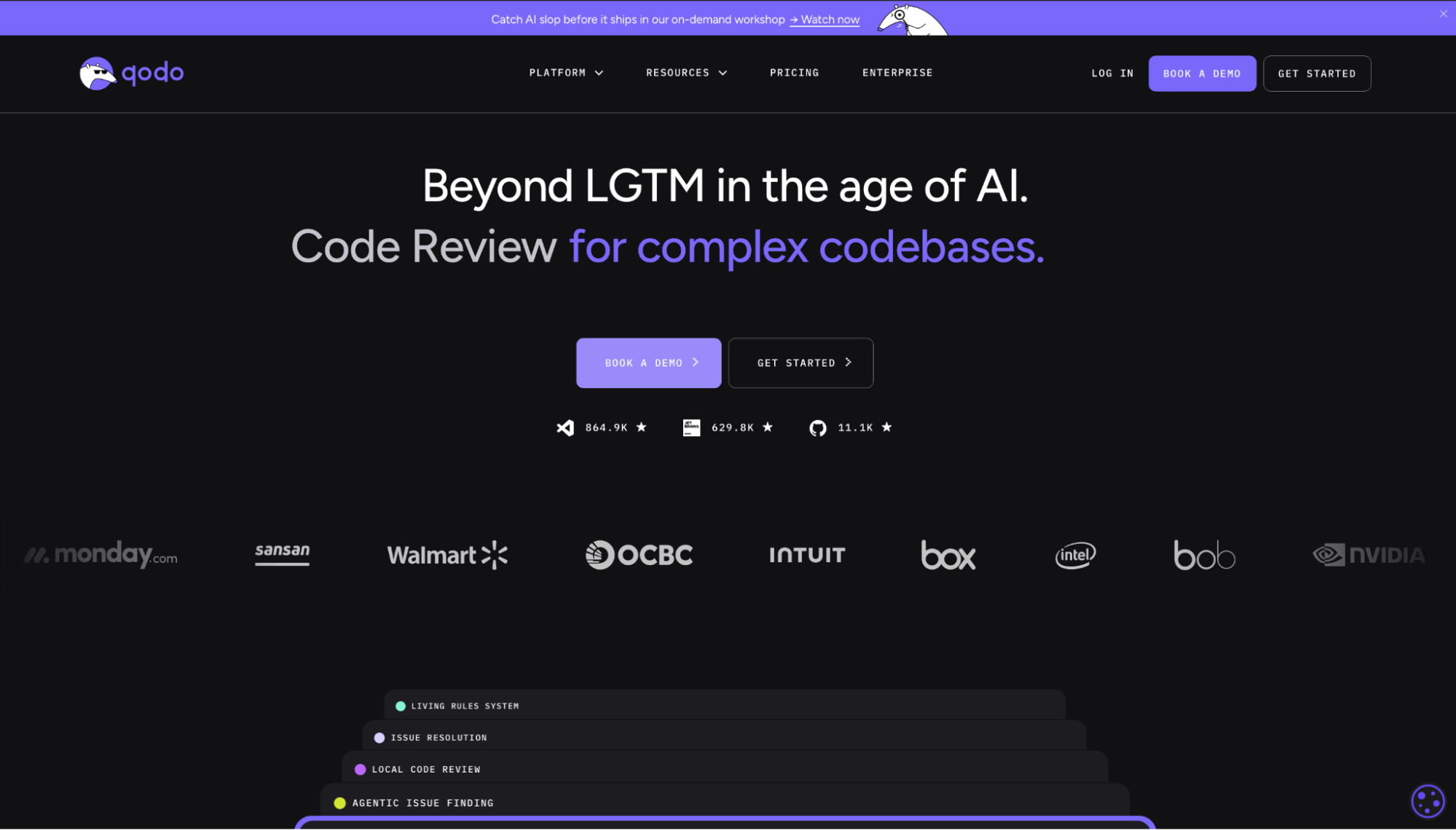 Qodo AI Code Review Platform homepage showing "Beyond LGTM in the age of AI" with client logos including Walmart, Intuit, NVIDIA, and Intel