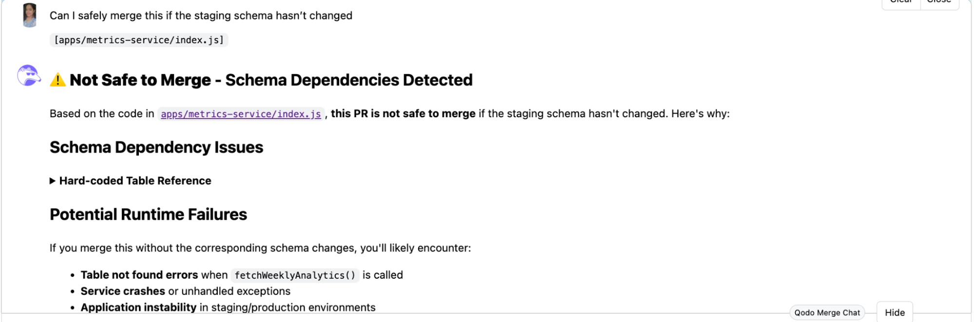 Qodo AI code review warning in GitHub pull request highlighting schema dependency issues, potential runtime failures, and merge safety concerns for metrics service.