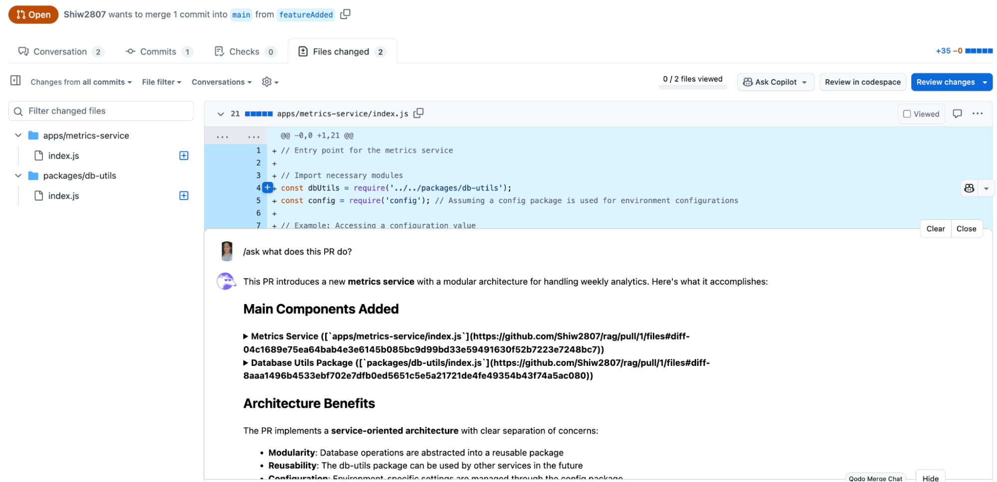 Qodo pull request view in GitHub showing code changes for a metrics service with modular architecture and detailed AI-generated PR description.