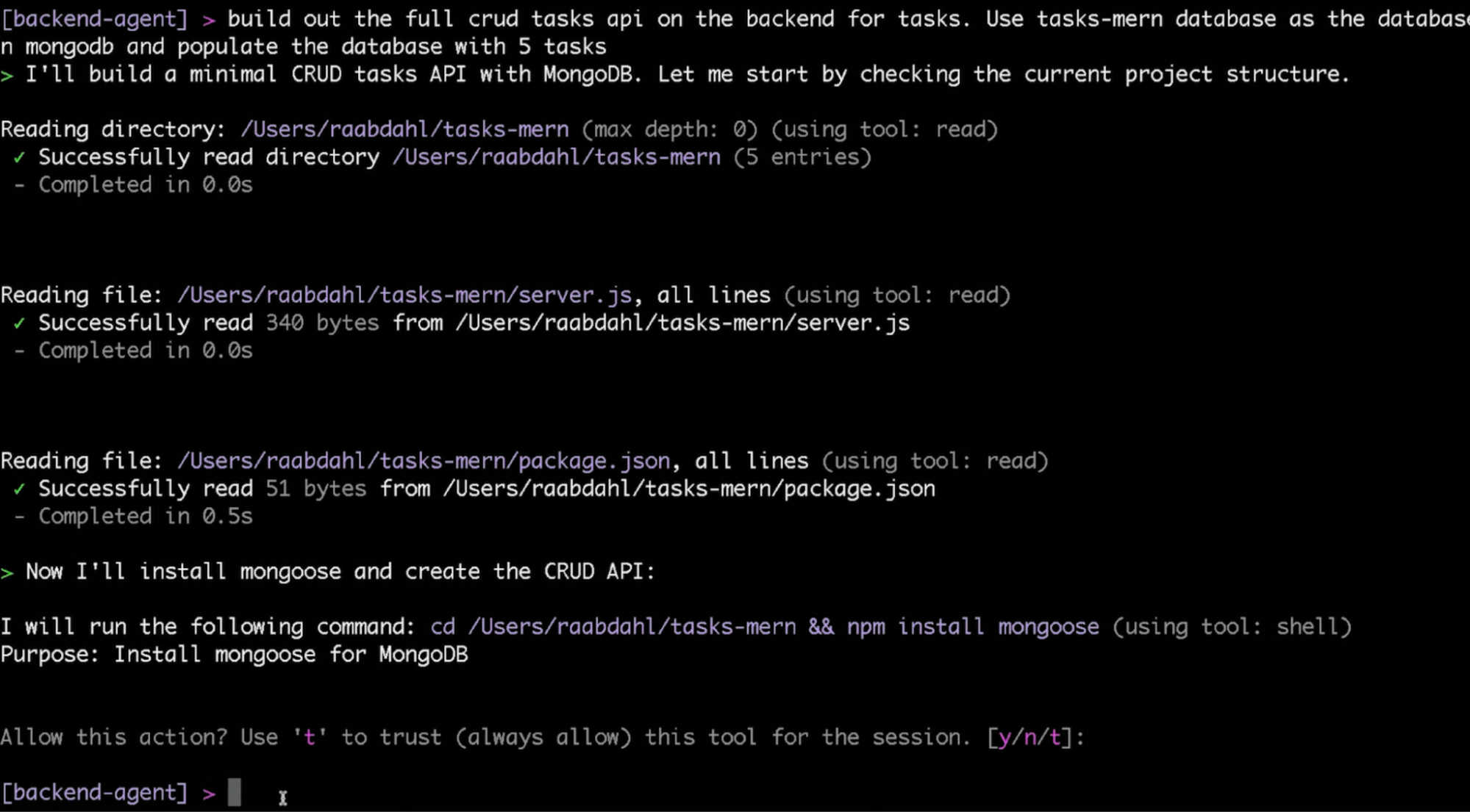 Kiro backend-agent terminal session reading project files and installing Mongoose to build a full CRUD tasks API connected to a MongoDB database