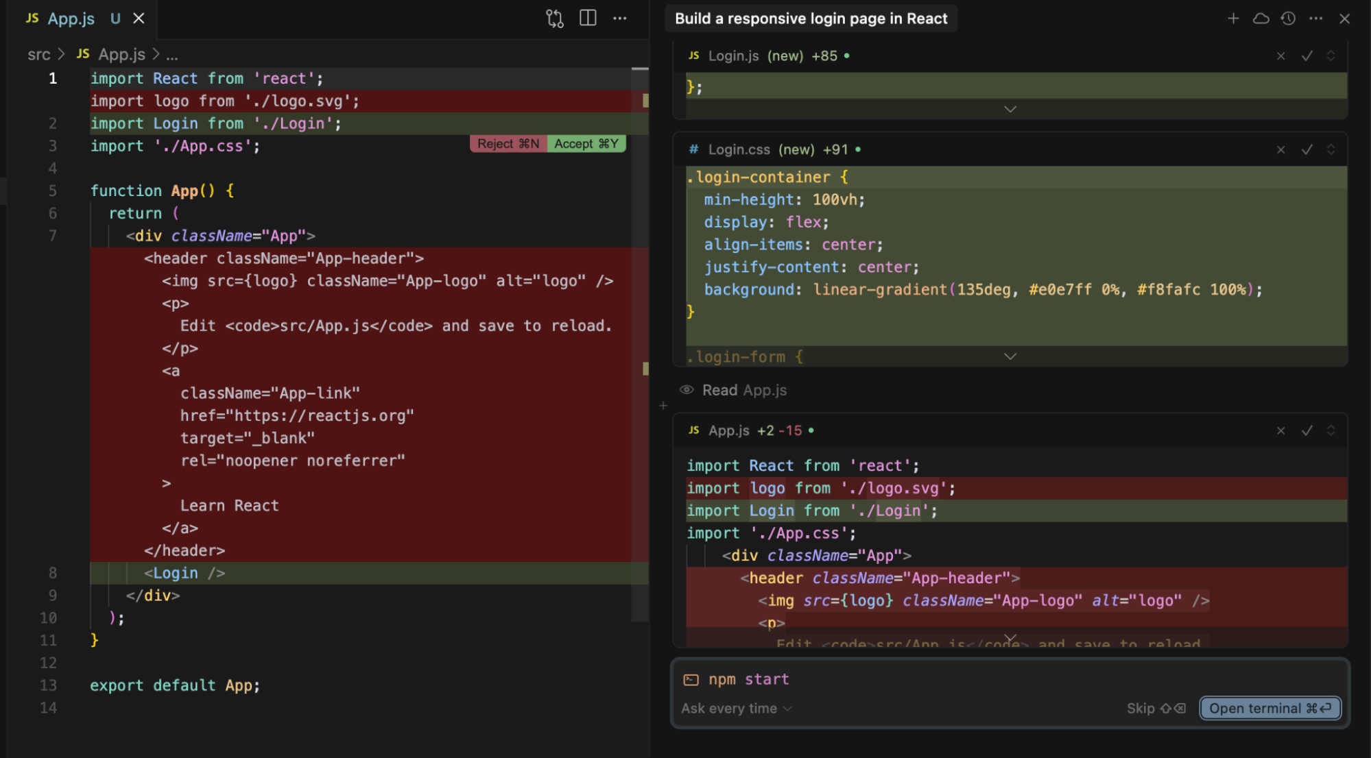  Cursor’s agent mode (Ctrl + I) to create a fully functional React login page for an internal admin dashboard to test Cursor's capabilities.