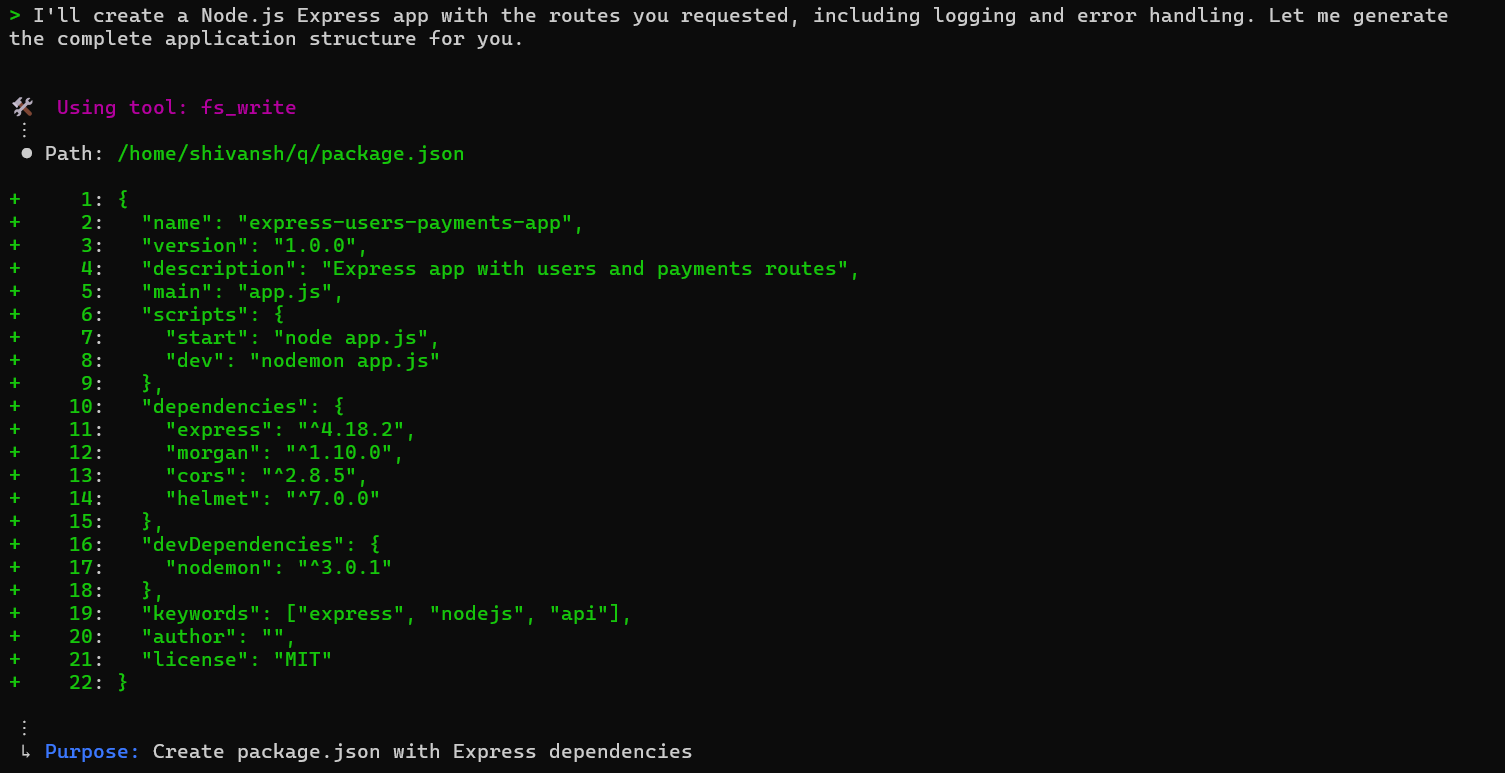terminal generating Node.js Express package.json with users and payments routes, logging, error handling, and dependencies like Express, Morgan, CORS, and Helmet.