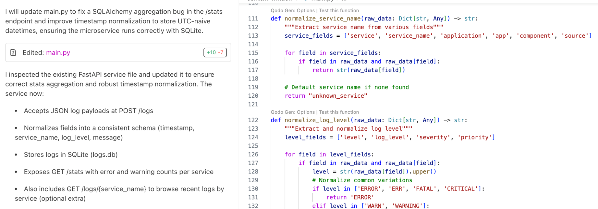 Qodo AI coding assistant generating FastAPI project files with main.py, database.py, and schemas.py for log aggregation, SQLite integration, and modular service endpoints.