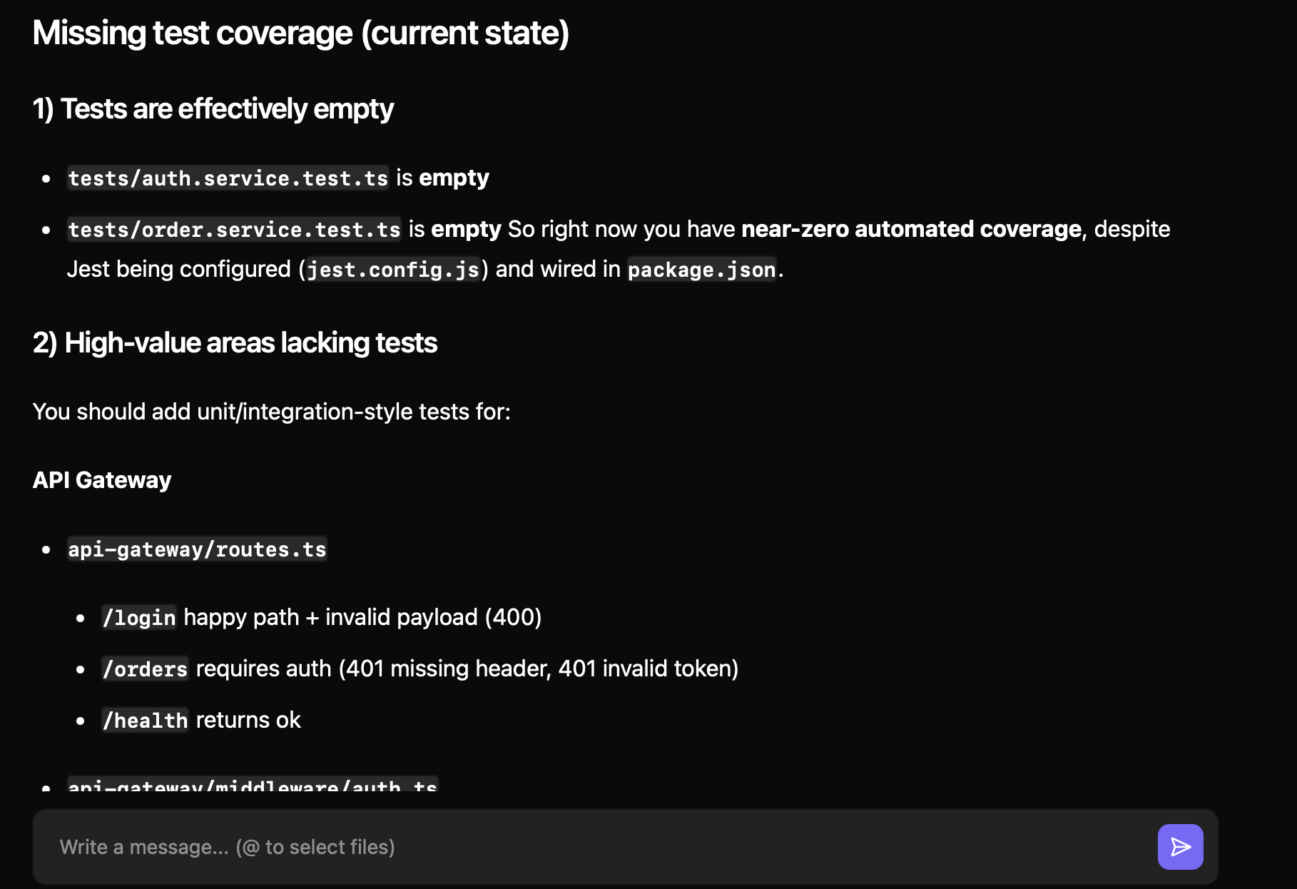Qodo audit output displaying "Missing test coverage" findings for the Orderflow TypeScript microservice with empty test files and high-value areas lacking coverage