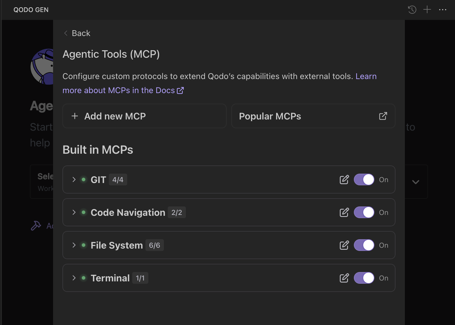 Qodo Agentic Tools MCP interface showing built-in integrations for Git, Code Navigation, File System, and Terminal with toggle controls.