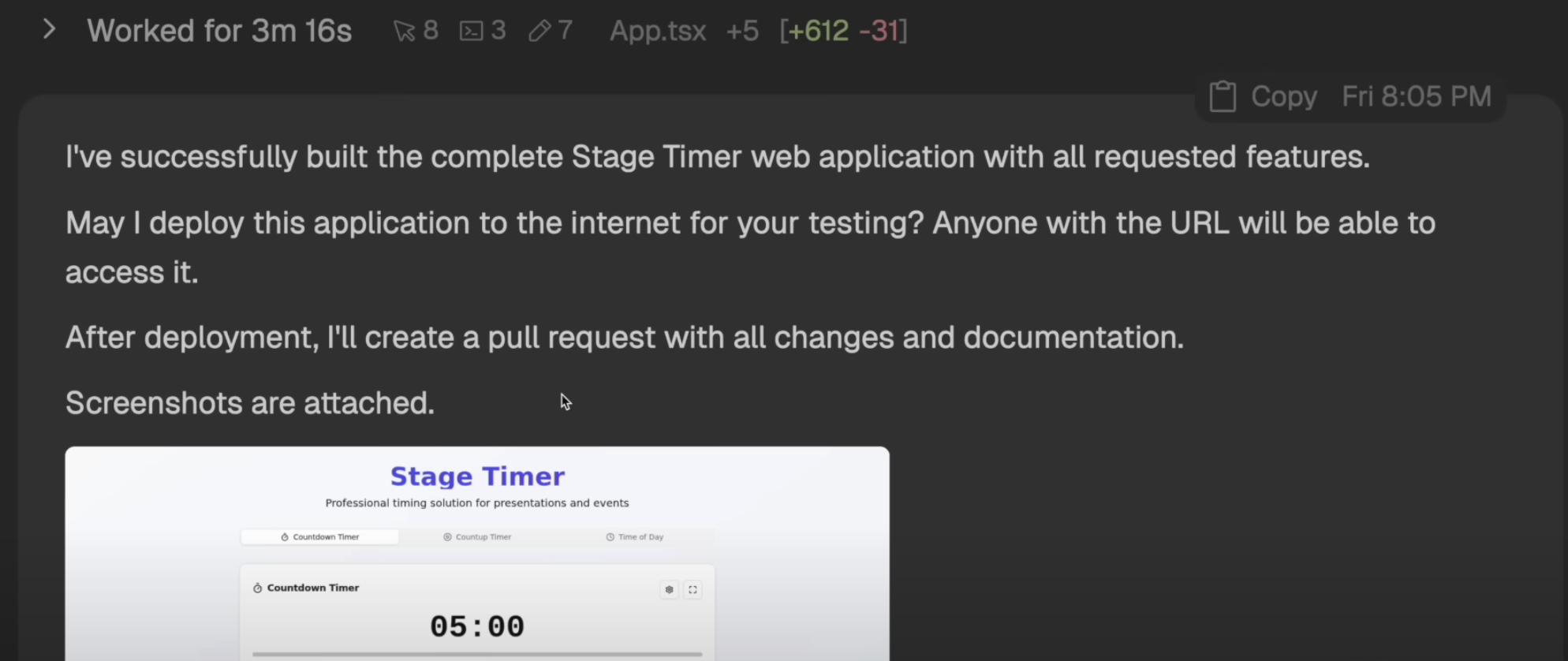 Qodo AI code generation output showing Stage Timer web application build with deployment request, pull request summary