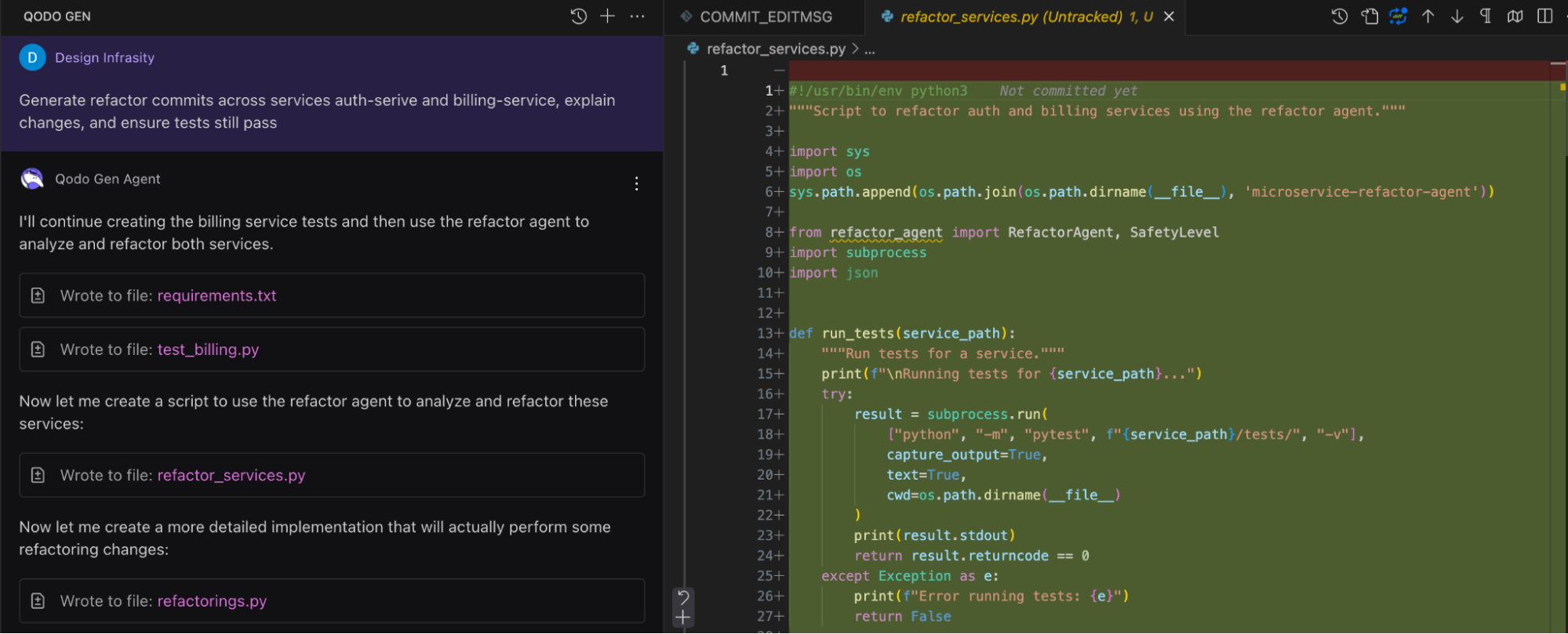 Qodo Gen AI generating refactor commits with Python script for auth and billing services.