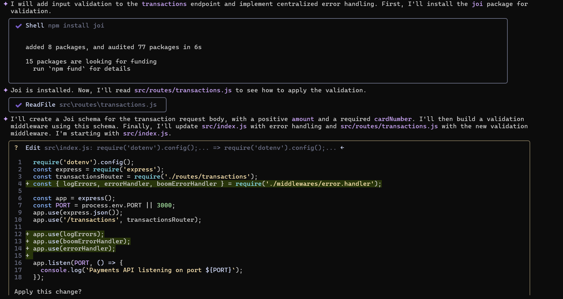 how to add Joi validation and centralized error handling in a Node.js Express API.