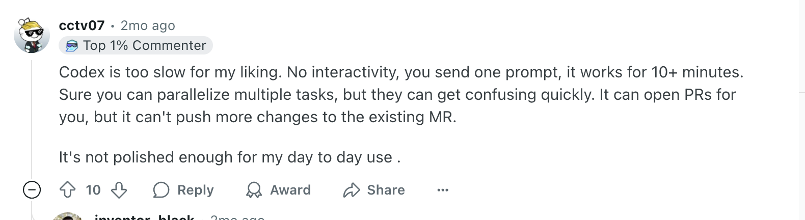 reddit post on Claude Code vs OpenAI Codex