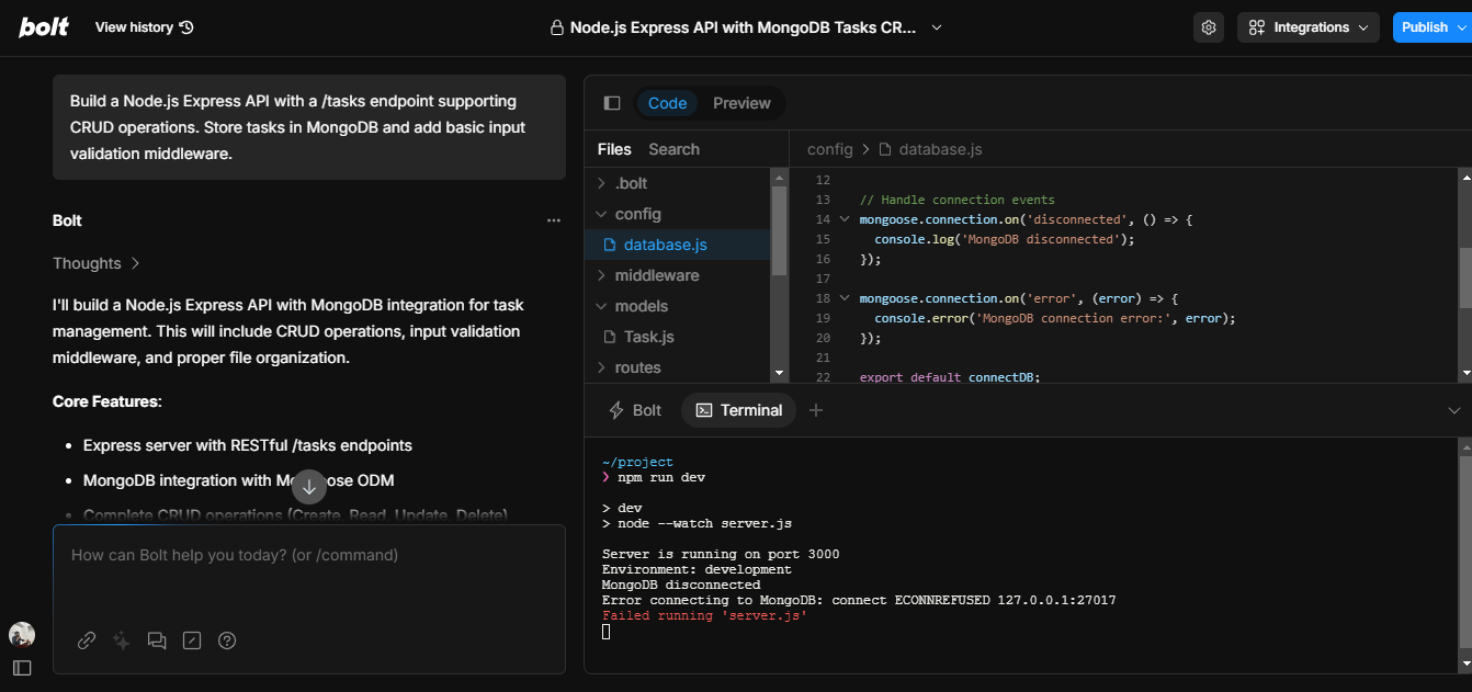 Bolt opened the config/database.js file while running npm run dev