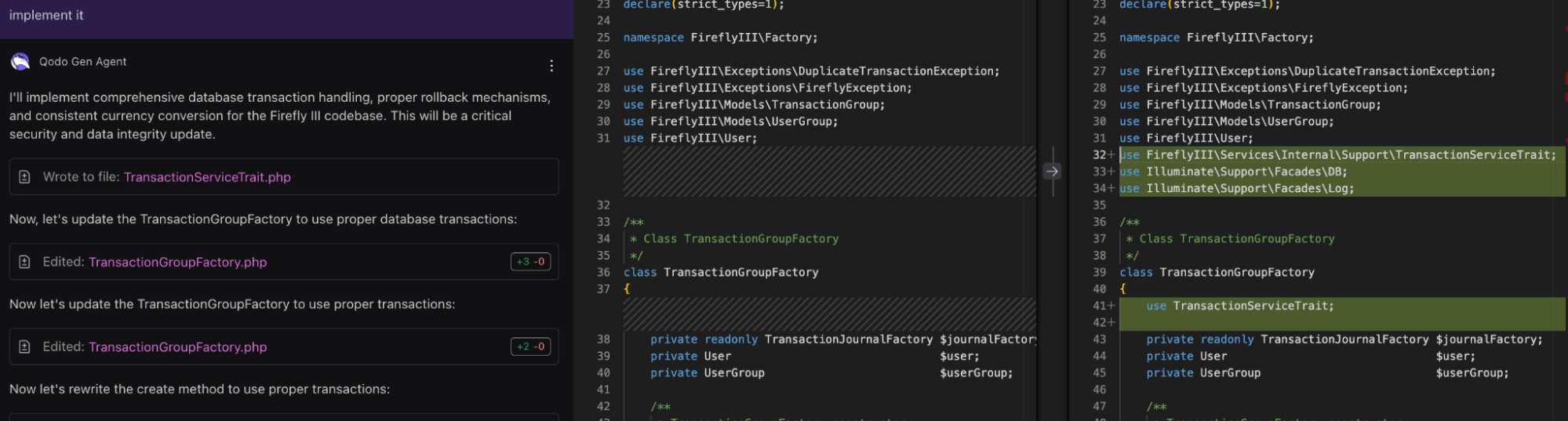 Qodo responded by generating a TransactionServiceTrait.php, updating TransactionGroupFactory.php