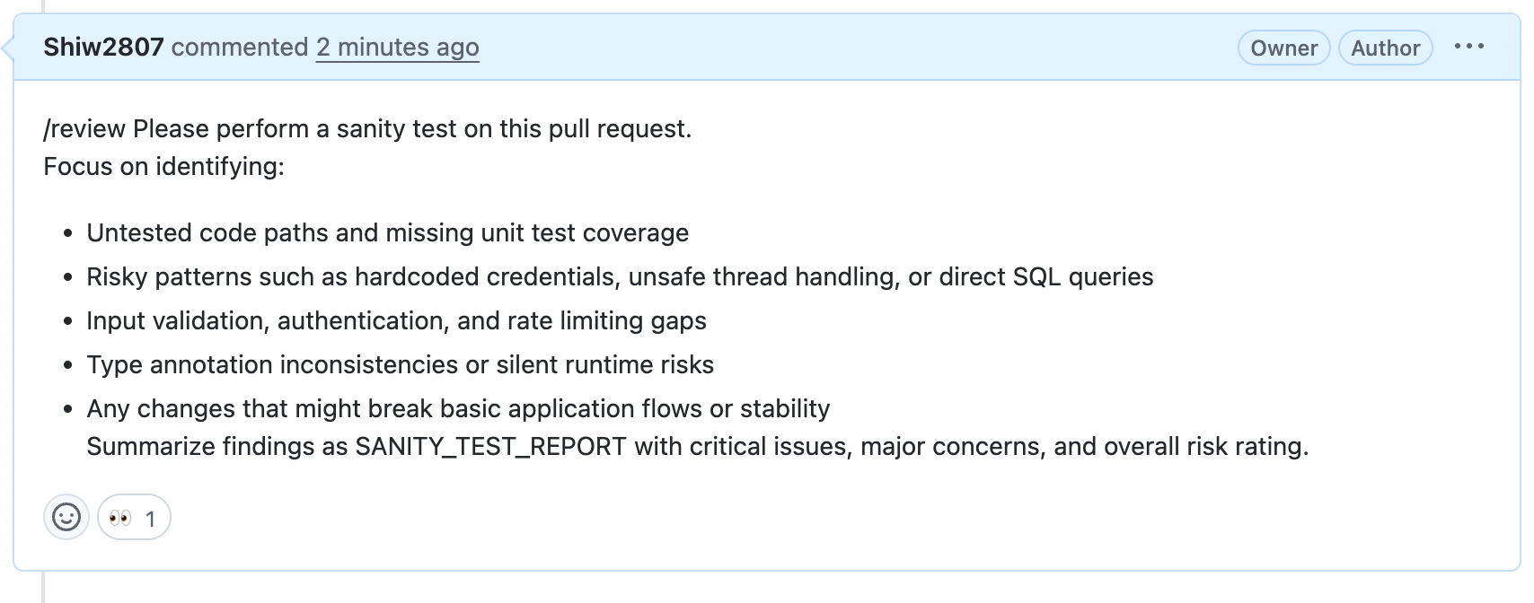 Qodo Merge using the /review command to perform an automated sanity check