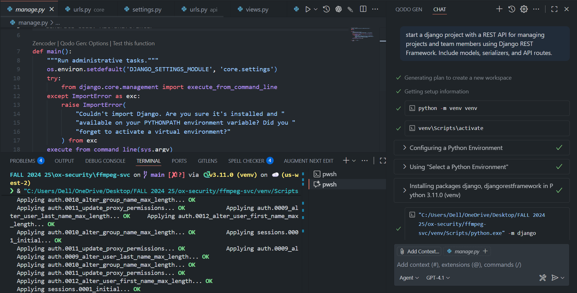 python -m venv venv venv\Scripts\activate python -m django startproject core . python manage.py startapp api