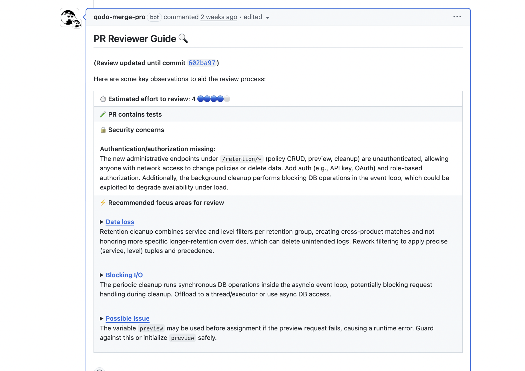 Qodo scanned the new changes for alignment with our coding practices, identified untested code paths, and flagged potential issues before running a full regression