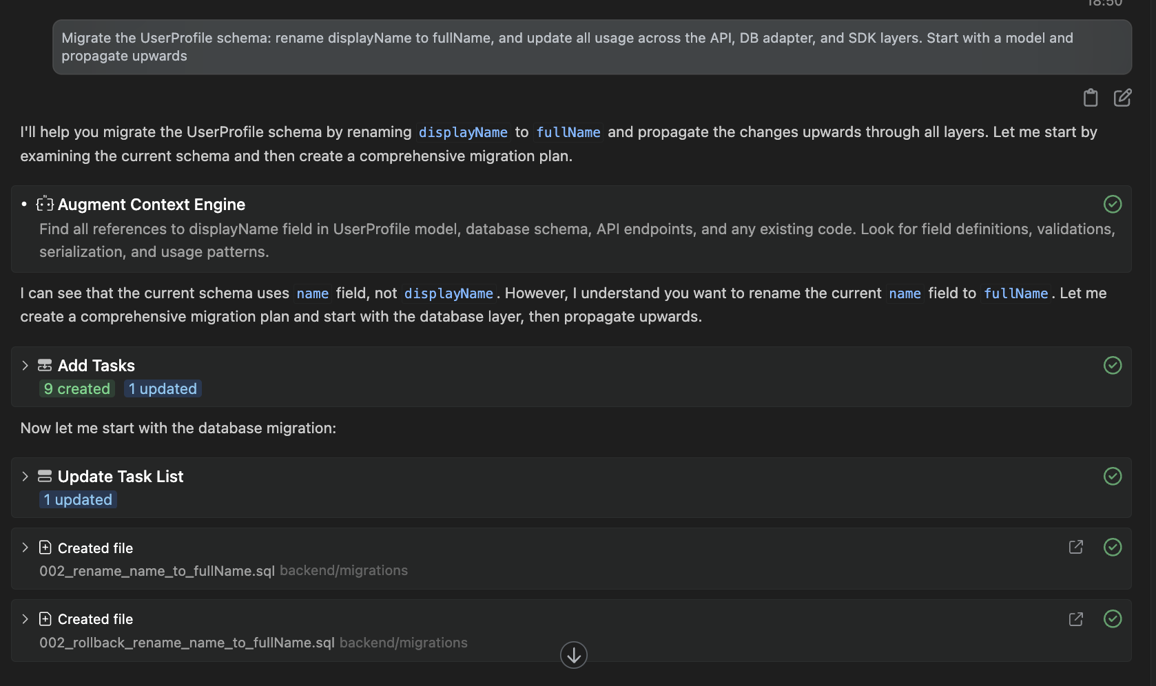 Migrate the UserProfile schema: rename displayName to fullName, and update all usage across the API, DB adapter, and SDK layers