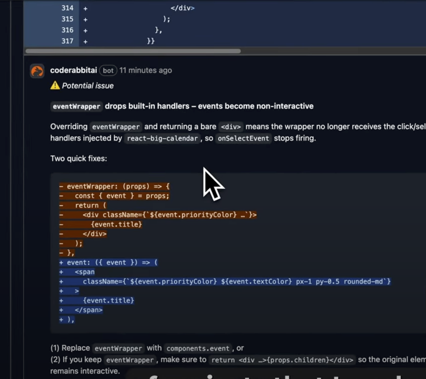 CodeRabbit inline PR comment flagging a broken event handler in a React calendar component with a suggested code fix
