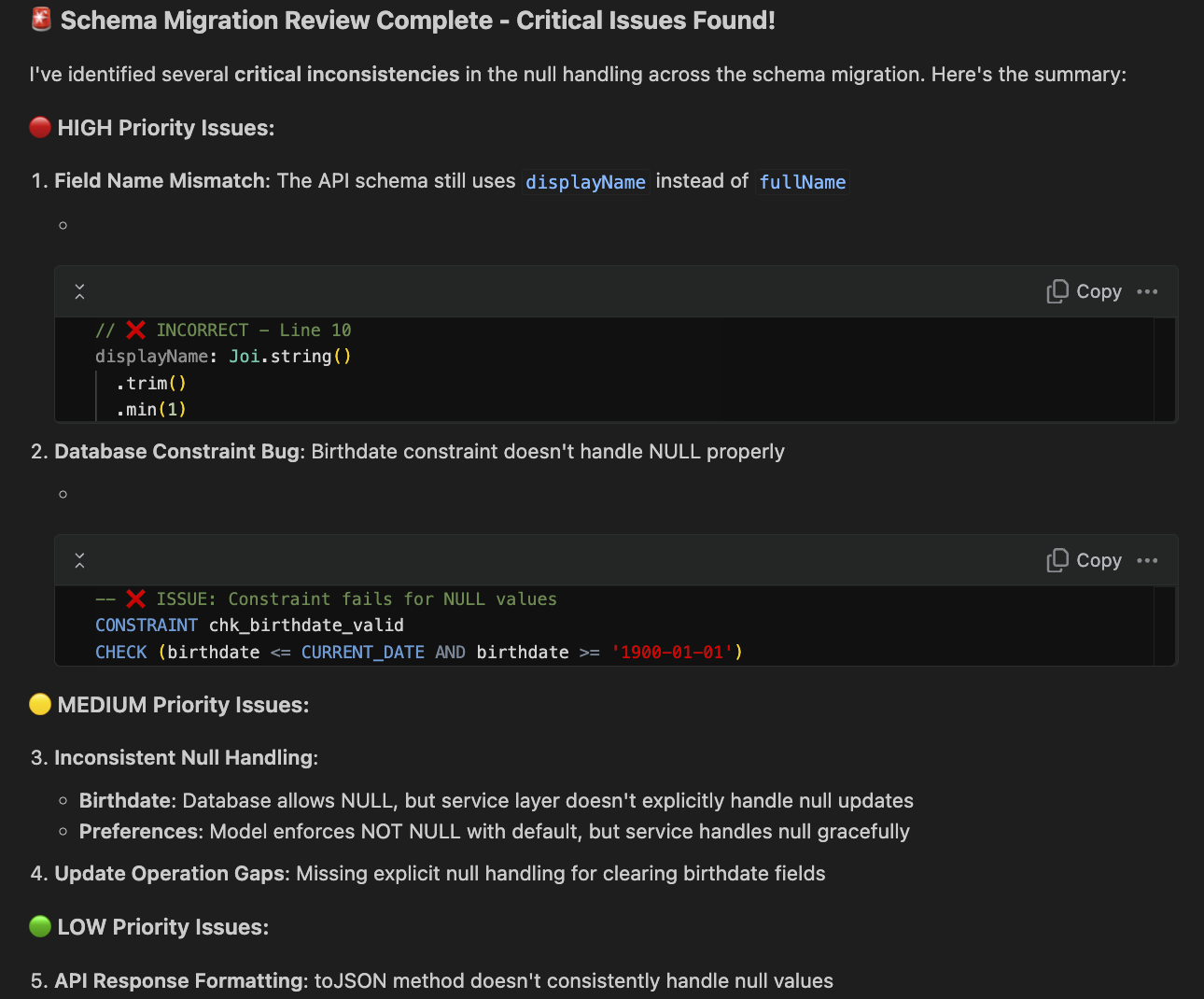 Review the schema migration PR and flag inconsistencies in null handling across services.