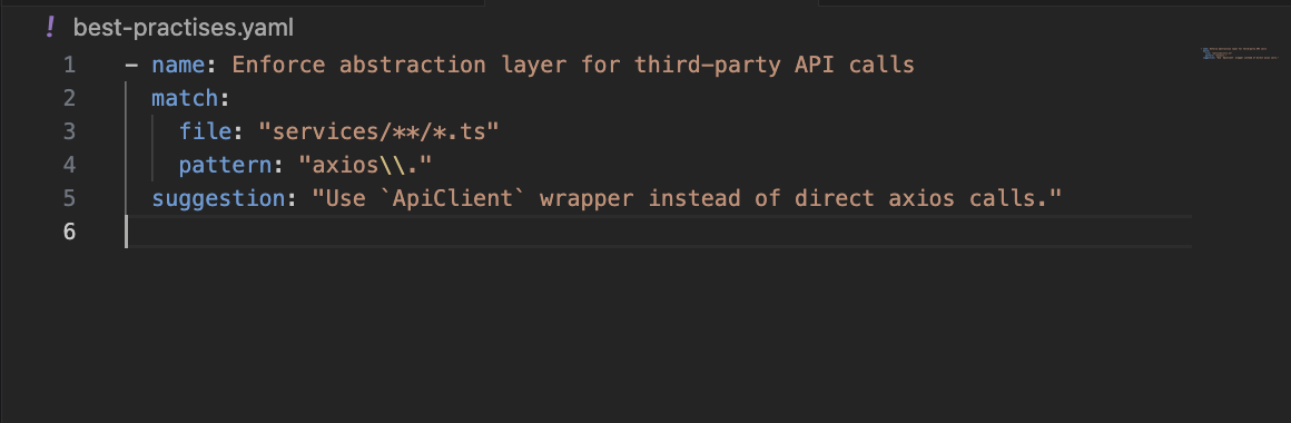 With Qodo, you define this once in a best-practices.yaml file: