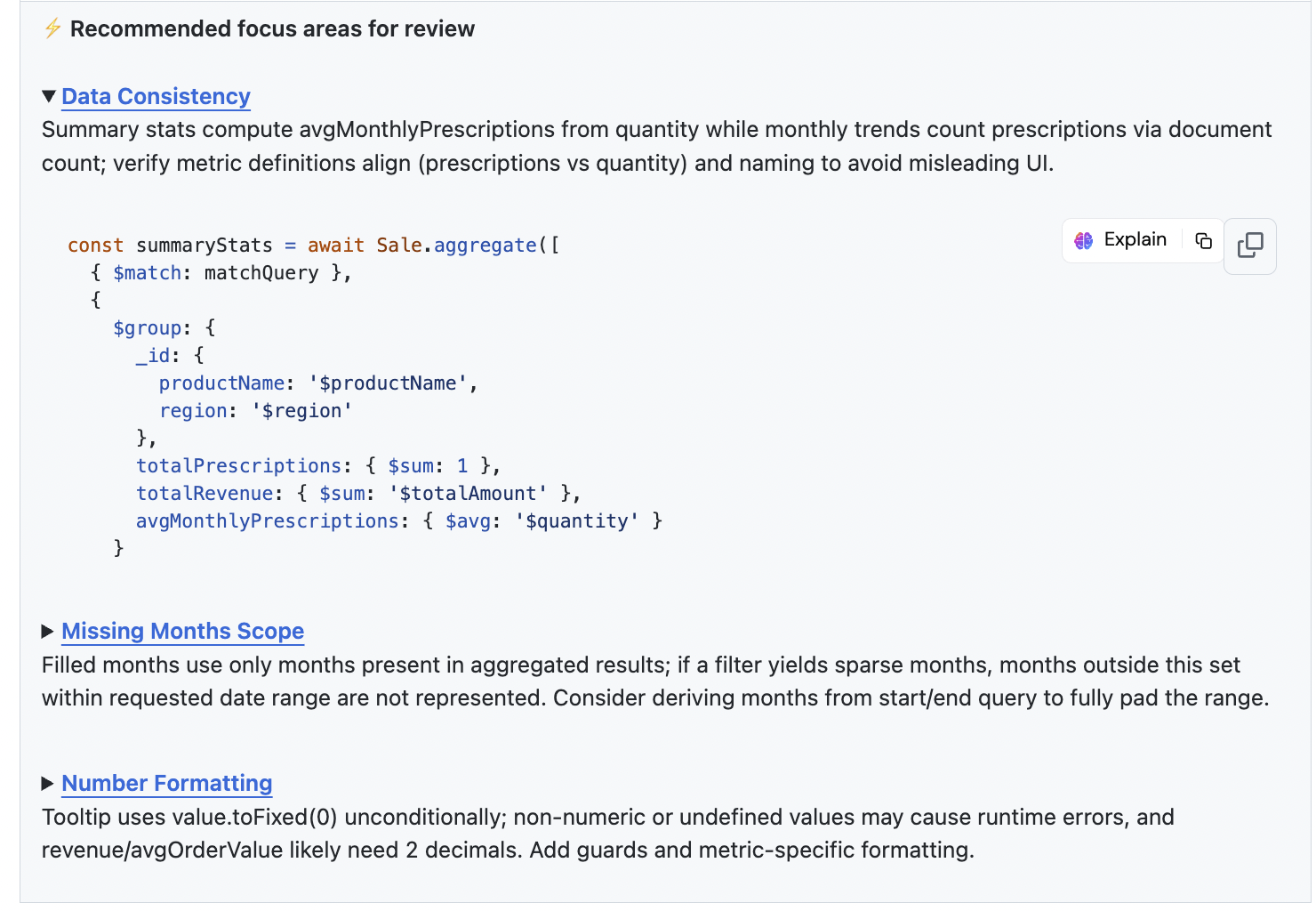 Qodo review flagging a data consistency bug in an aggregation pipeline with recommended code fix