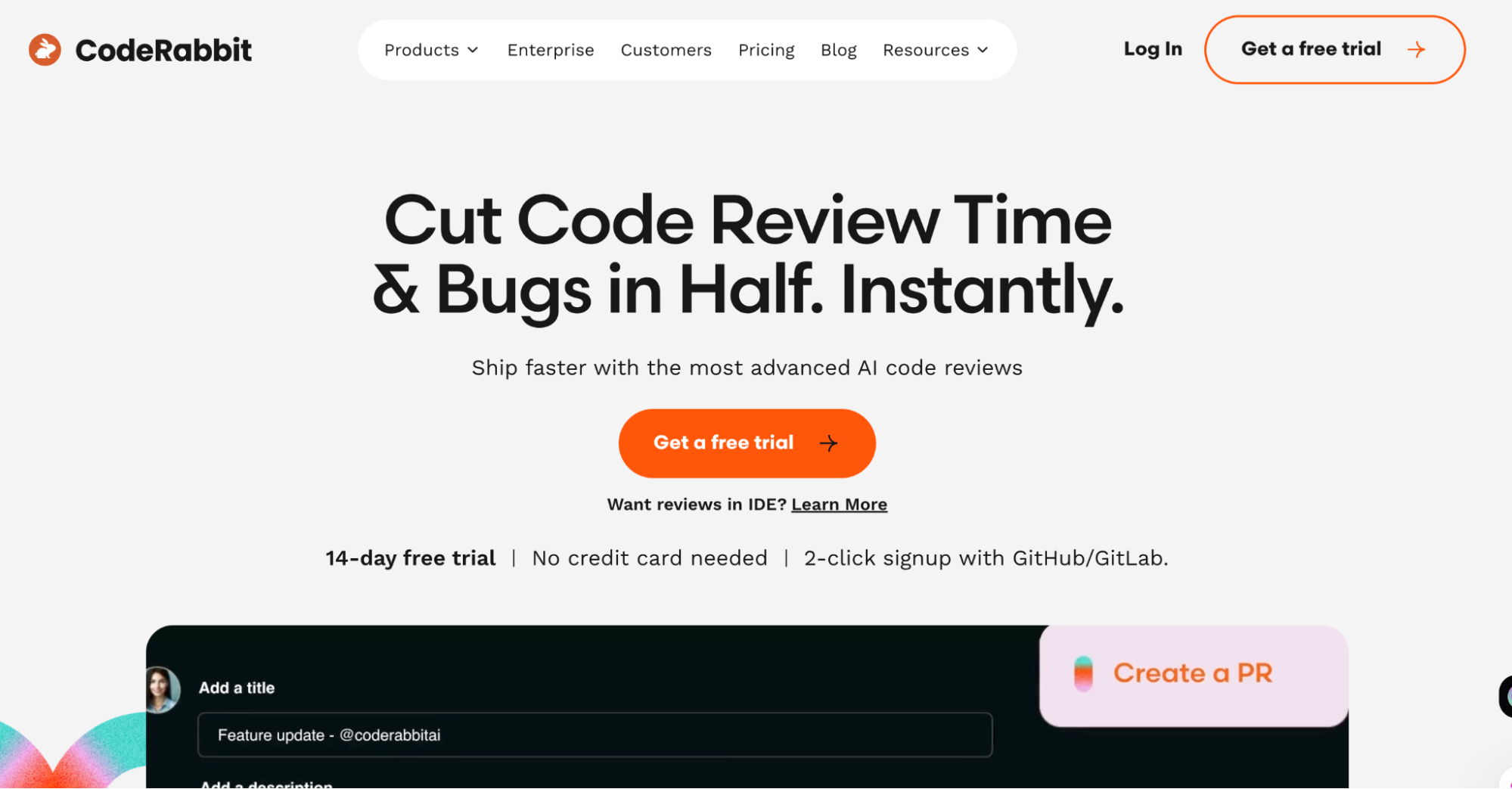 CodeRabbit homepage promoting faster AI-powered code reviews with a free trial signup
