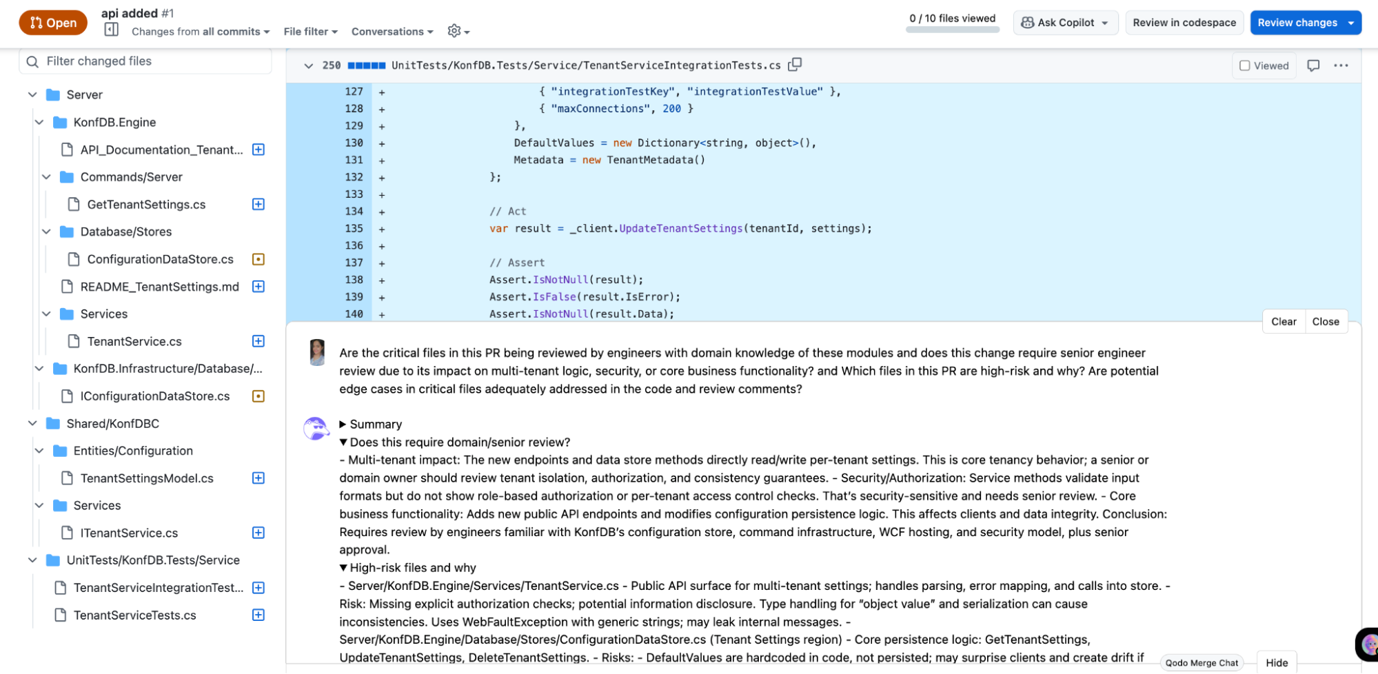 Security-sensitive areas, including the public API surfaces and configuration persistence logic, were flagged for senior scans.