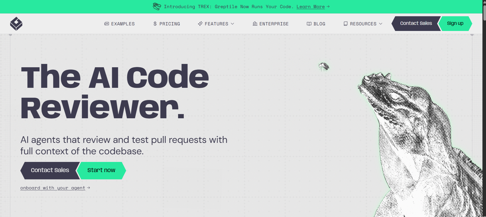 Greptile homepage introducing TREX, its AI code reviewer that runs and tests pull requests