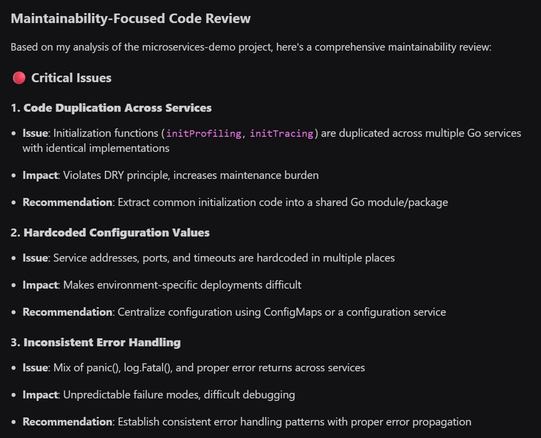 Maintainability code review summary outlining key issues and recommendations for improving software quality.