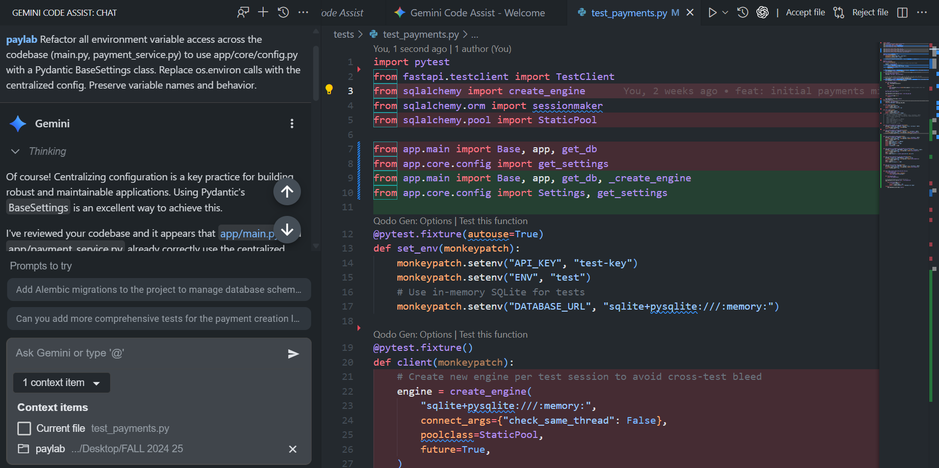 Gemini AI code assistant suggesting refactoring in a Python test file to centralize environment variable access and improve maintainability.
