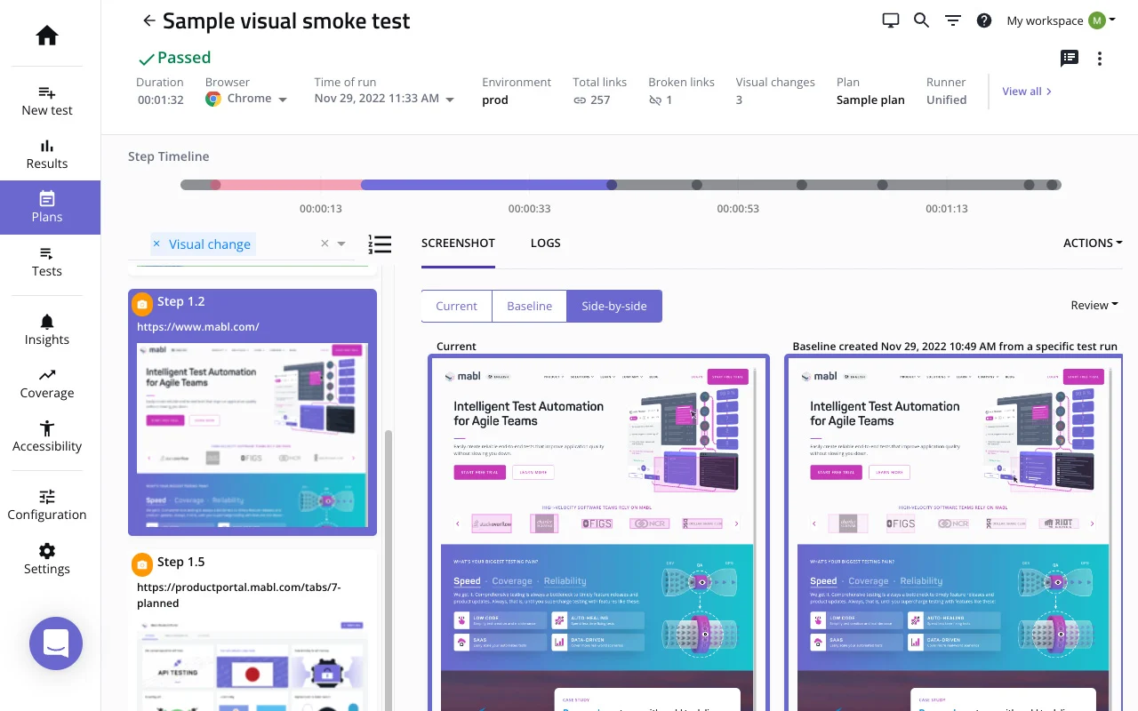 Mabl runs a visual smoke test to confirm UI stability across deployments