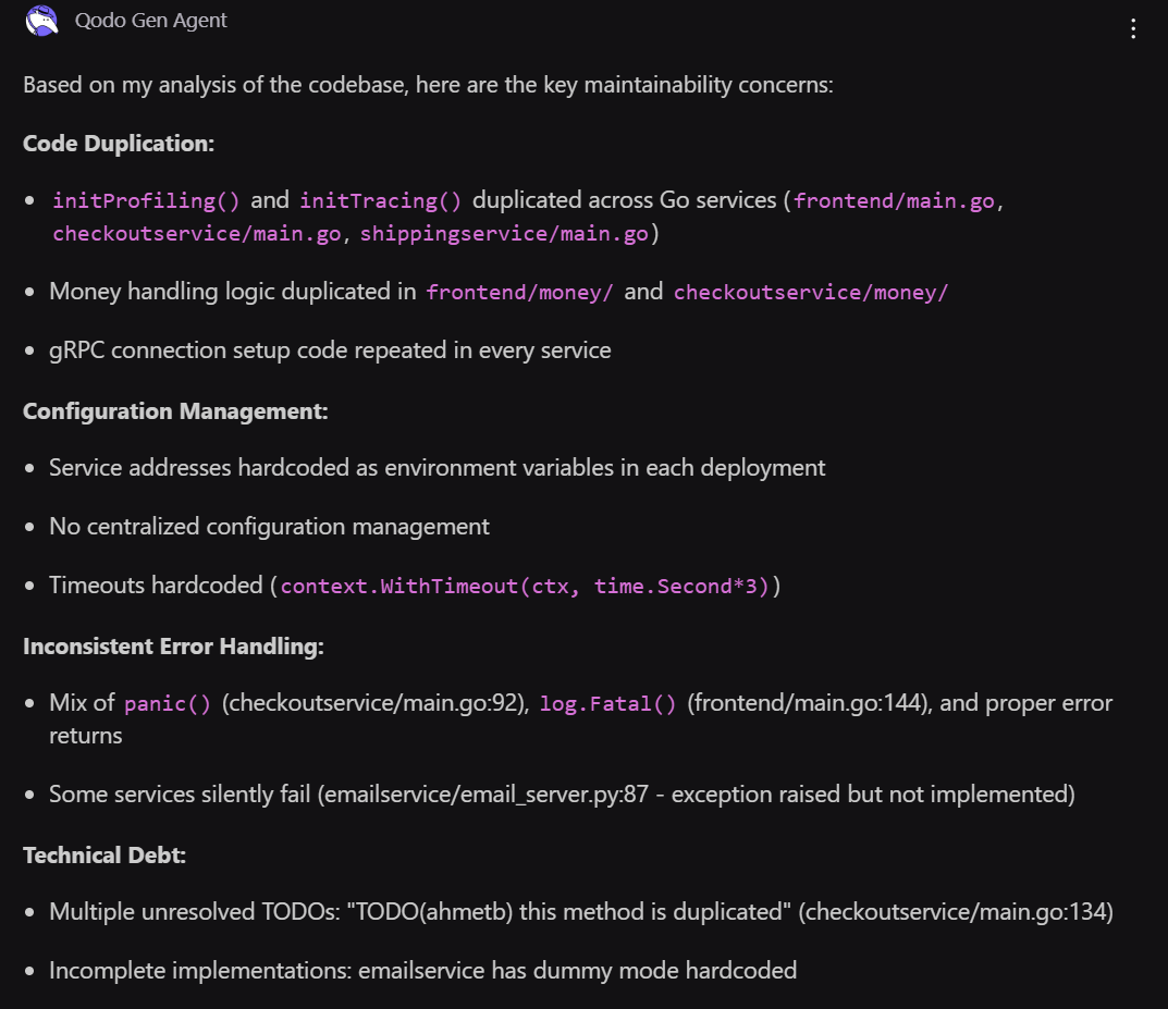 Code review summary showing duplication, configuration issues, error handling inconsistencies, and technical debt in Go services.