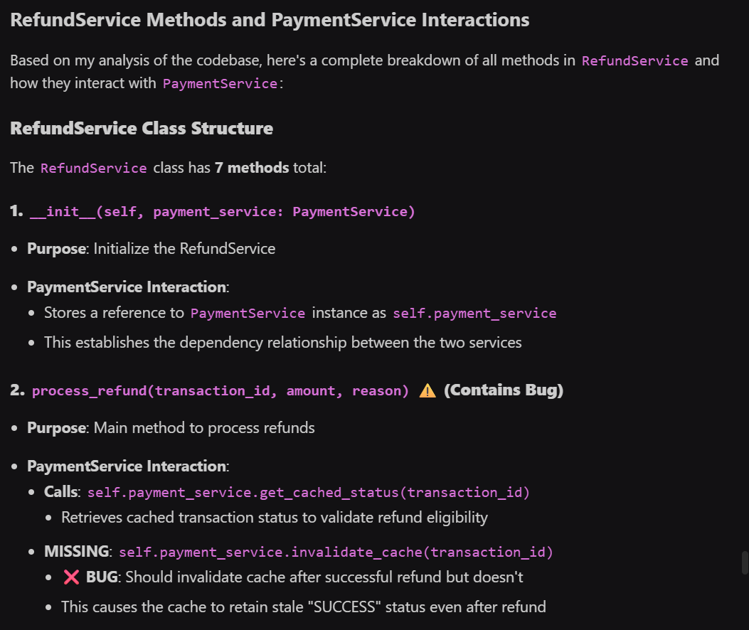 Code analysis showing RefundService and PaymentService interactions with a bug in process_refund method.