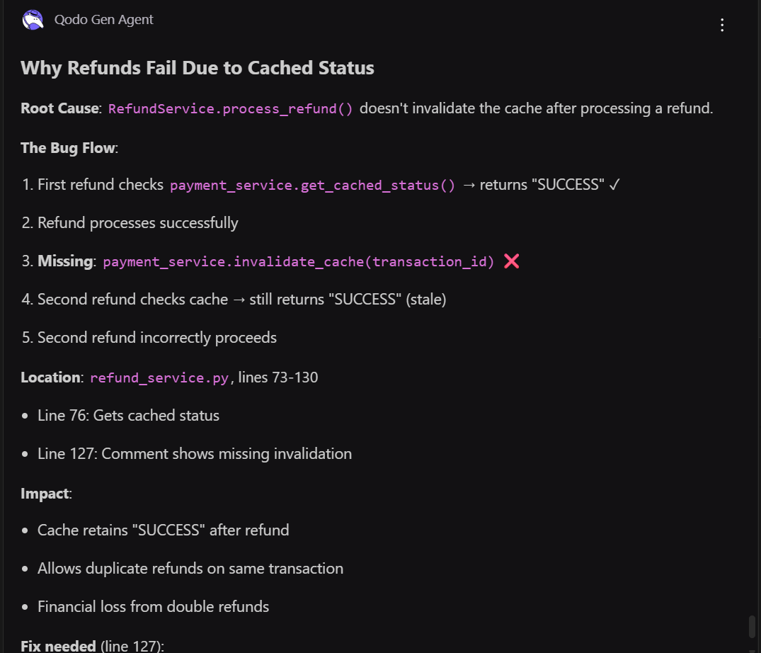 Bug report showing why refunds fail due to cached status in RefundService, causing duplicate refunds and financial loss.