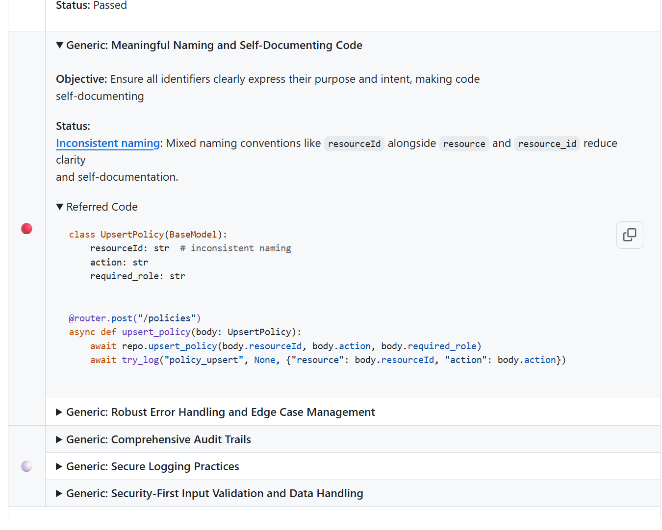 Qodo then identified the naming inconsistencies in the UpsertPolicy 
