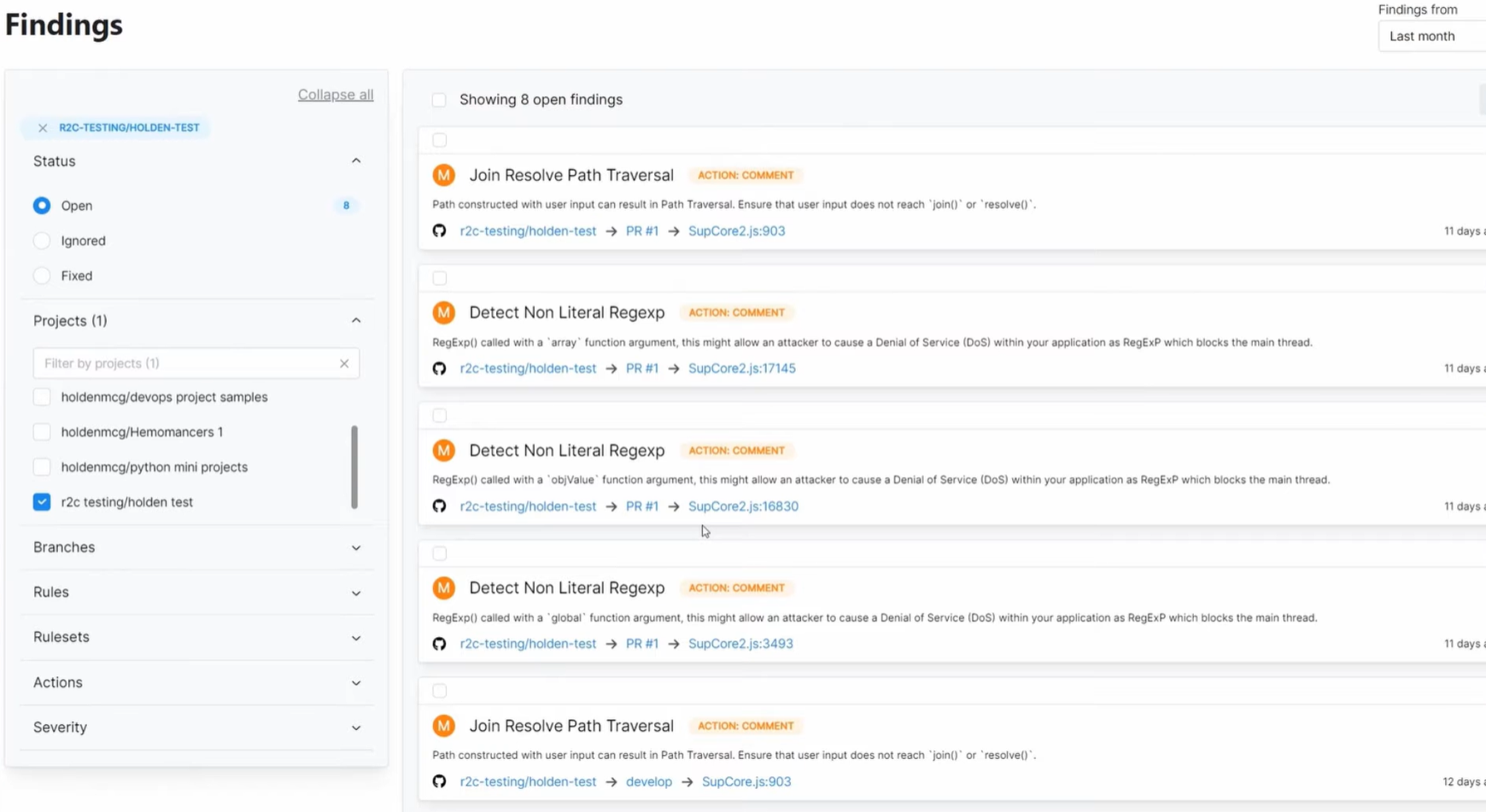  Semgrep findings for the r2c-testing