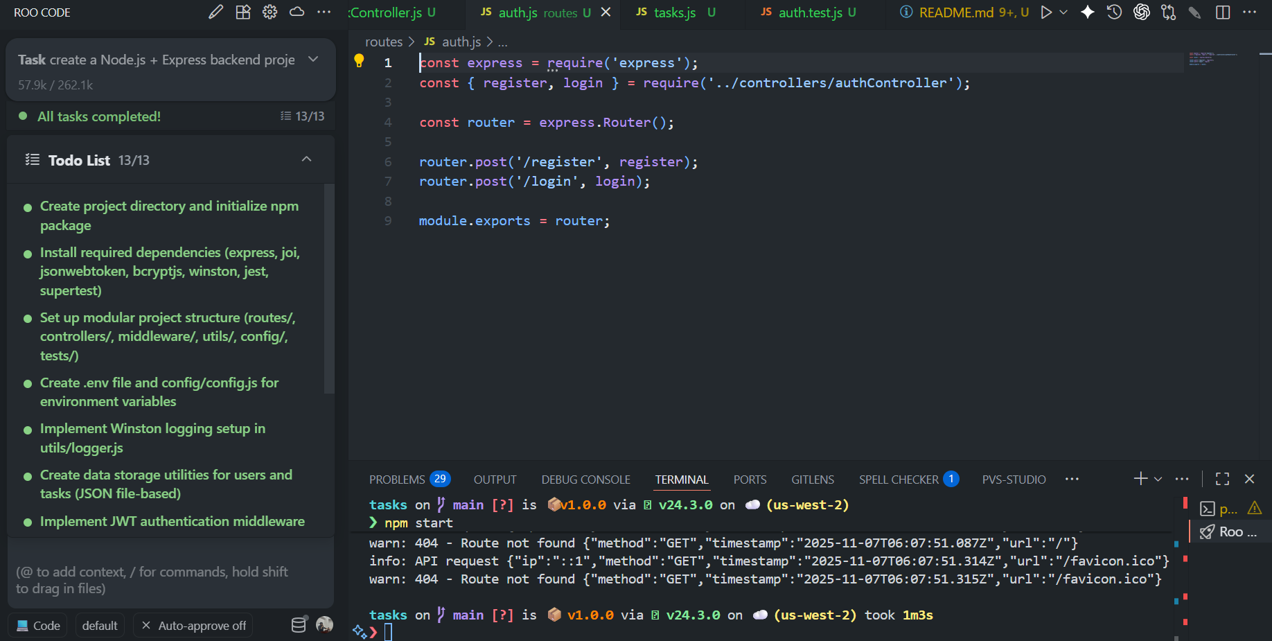 Build a complete Task Management API with Node.js and Express. I provided a deliberately detailed brief, including JWT authentication, Joi validation, Winston logging, a modular architecture, and unit tests with Jest.
