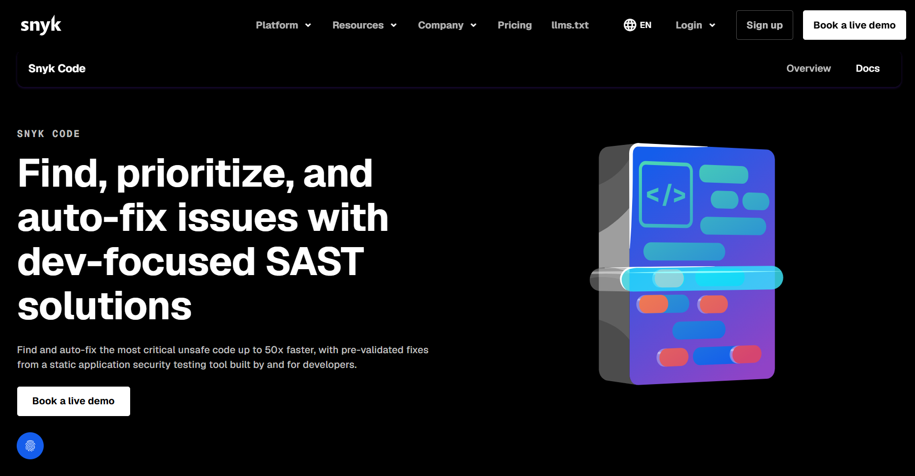 Snyk Code security scanning dashboard highlighting source-code vulnerabilities and security findings before merge