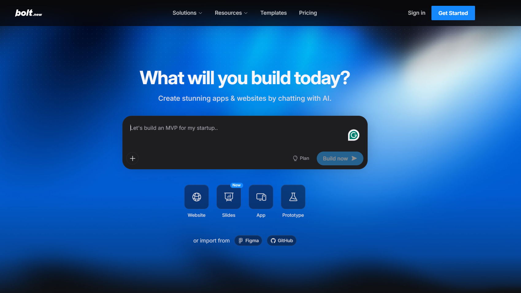 Bolt AI app builder interface showing prompt-driven application development with an interactive preview
