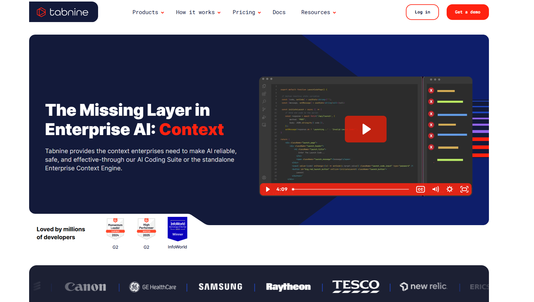 Tabnine AI coding assistant interface demonstrating enterprise-focused code completion and developer assistance