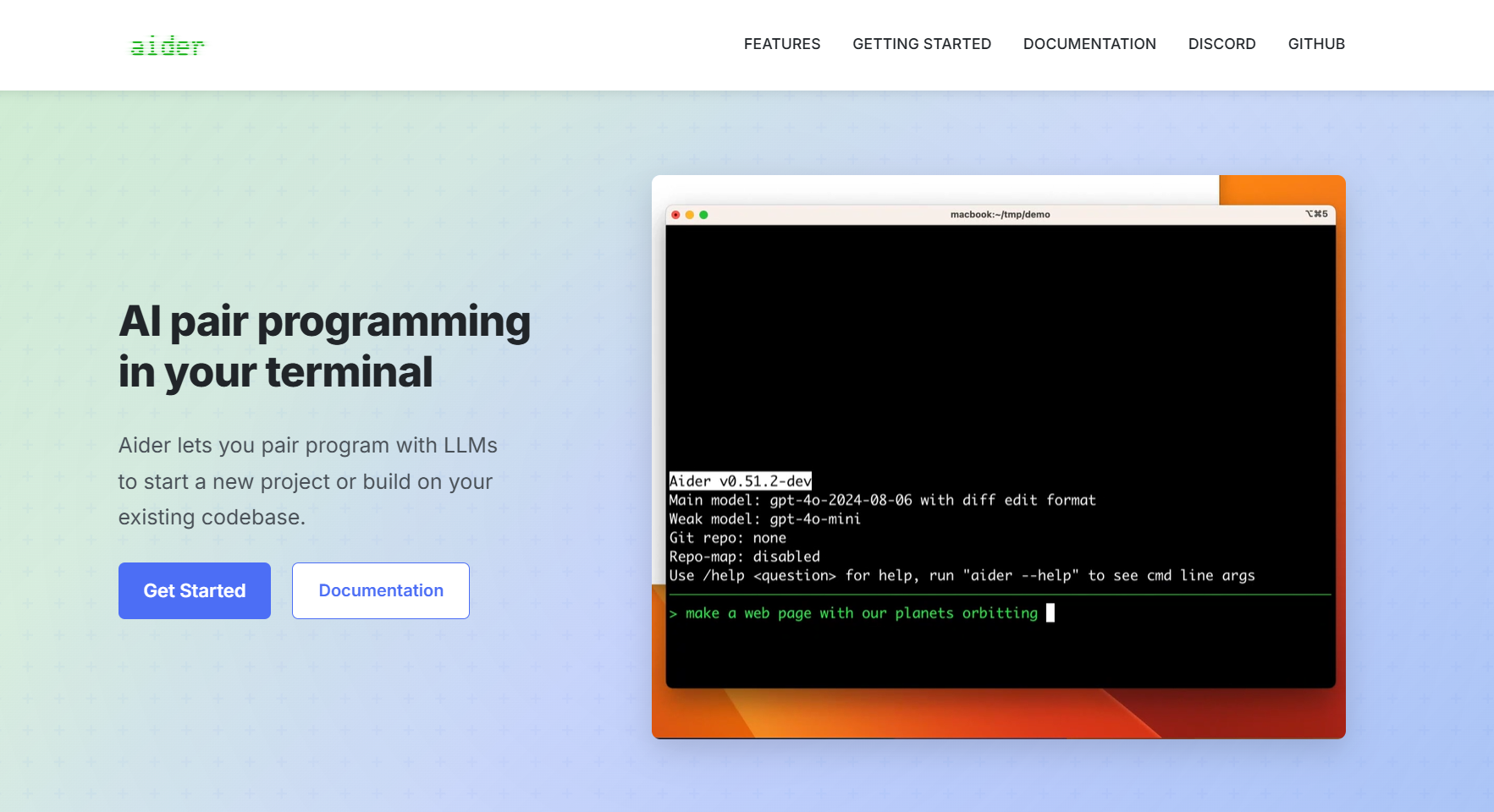 Aider AI coding assistant interface showing Git-based programming workflows and AI-generated code changes