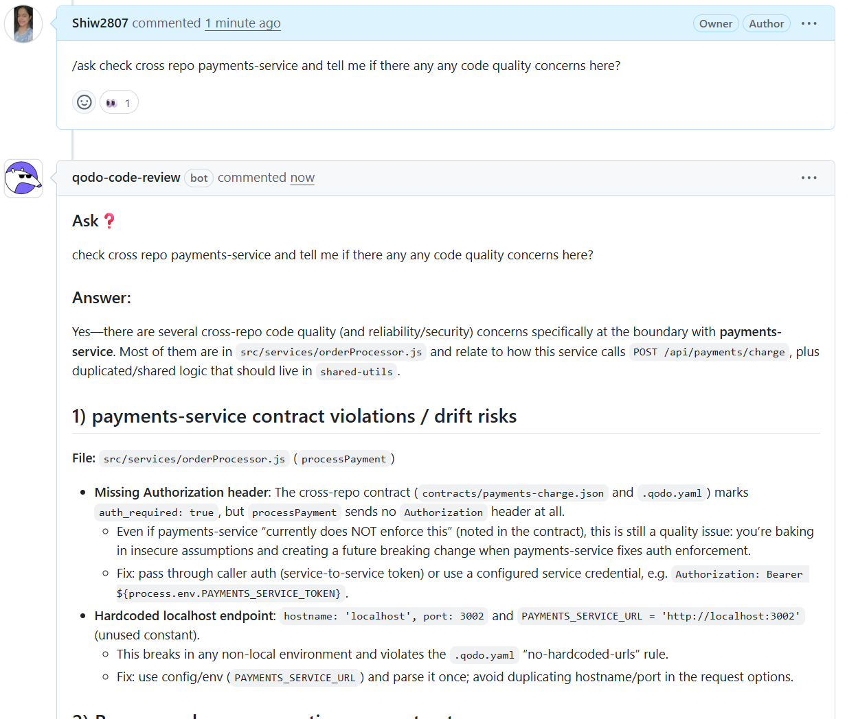 asked Qodo to check cross-repo code quality against the payments-service