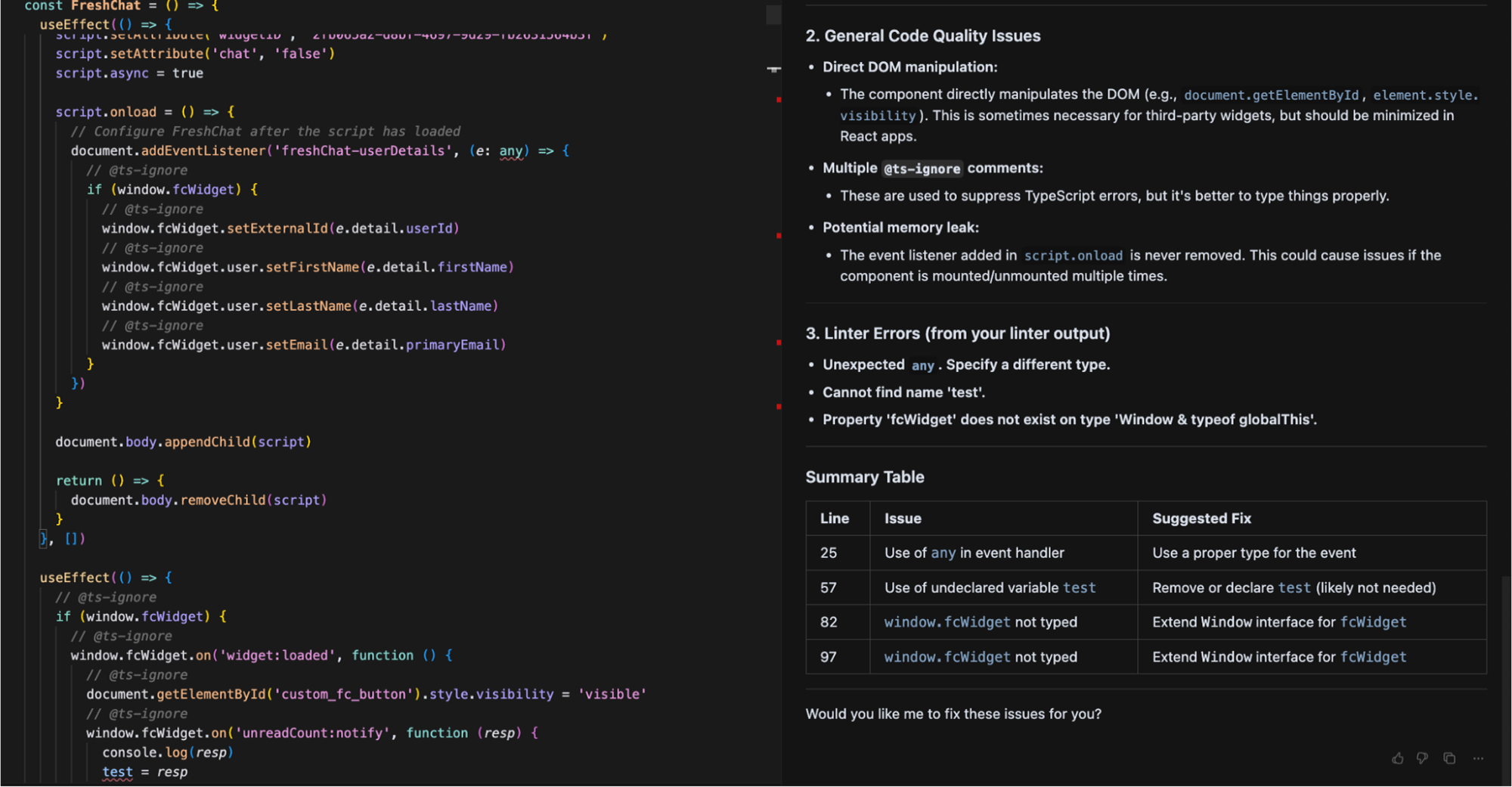 Cursor code review output for FreshChat.tsx identifying TypeScript errors, undeclared variables, memory leaks, and linter violations with line-level fix suggestions