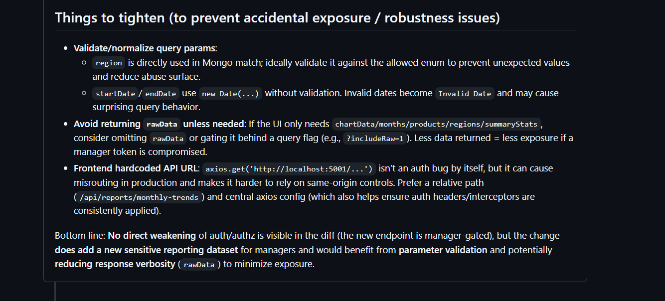 Qodo code review highlighting accidental data exposure risks including unvalidated region params, rawData verbosity, and hardcoded localhost API URL