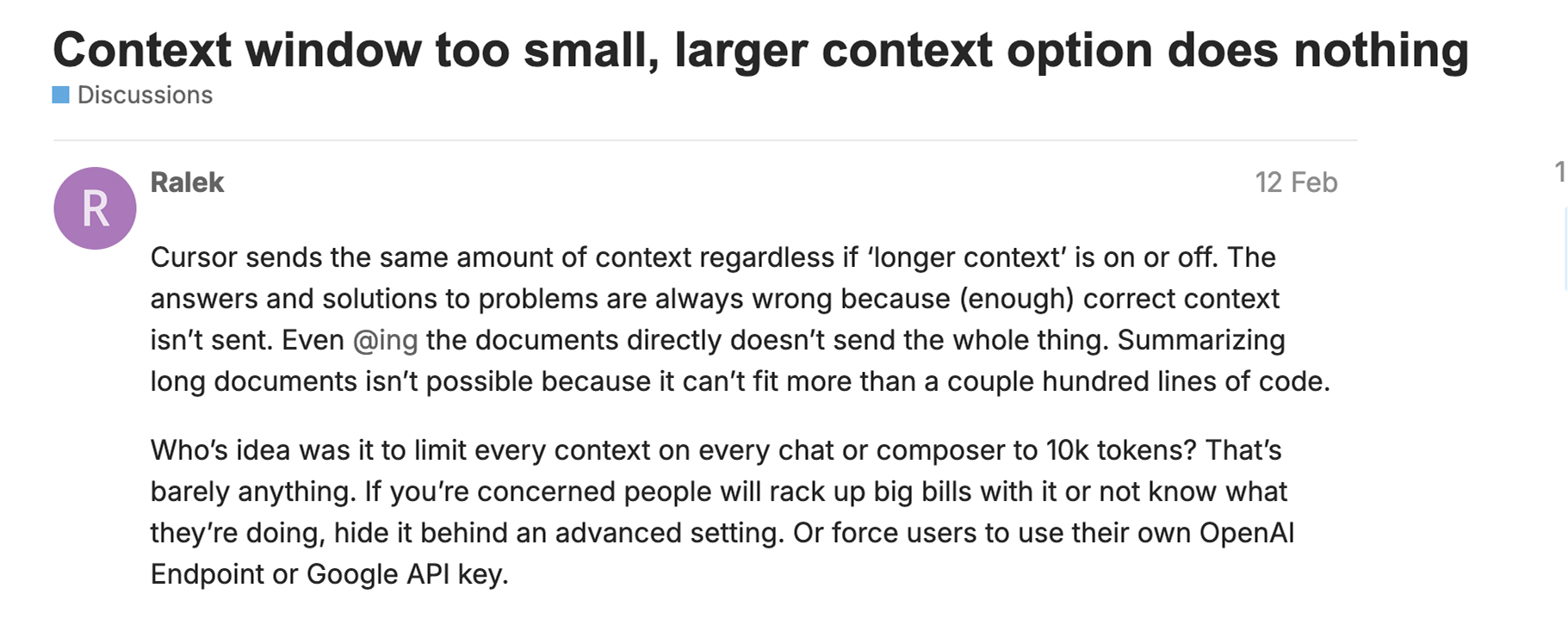 Cursor community forum complaint about context window size being limited regardless of longer context setting enabled