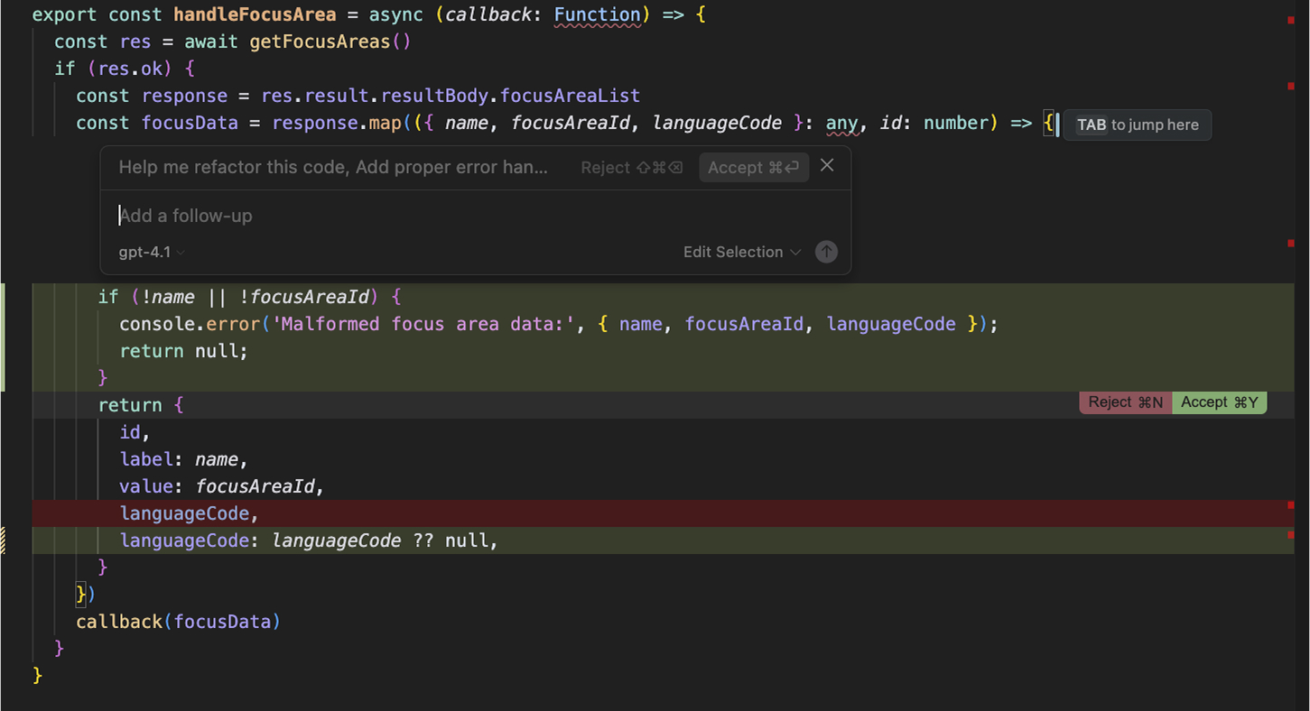 Cursor inline suggestion adding null guard validation check inside .map() loop for missing focusAreaId or name fields