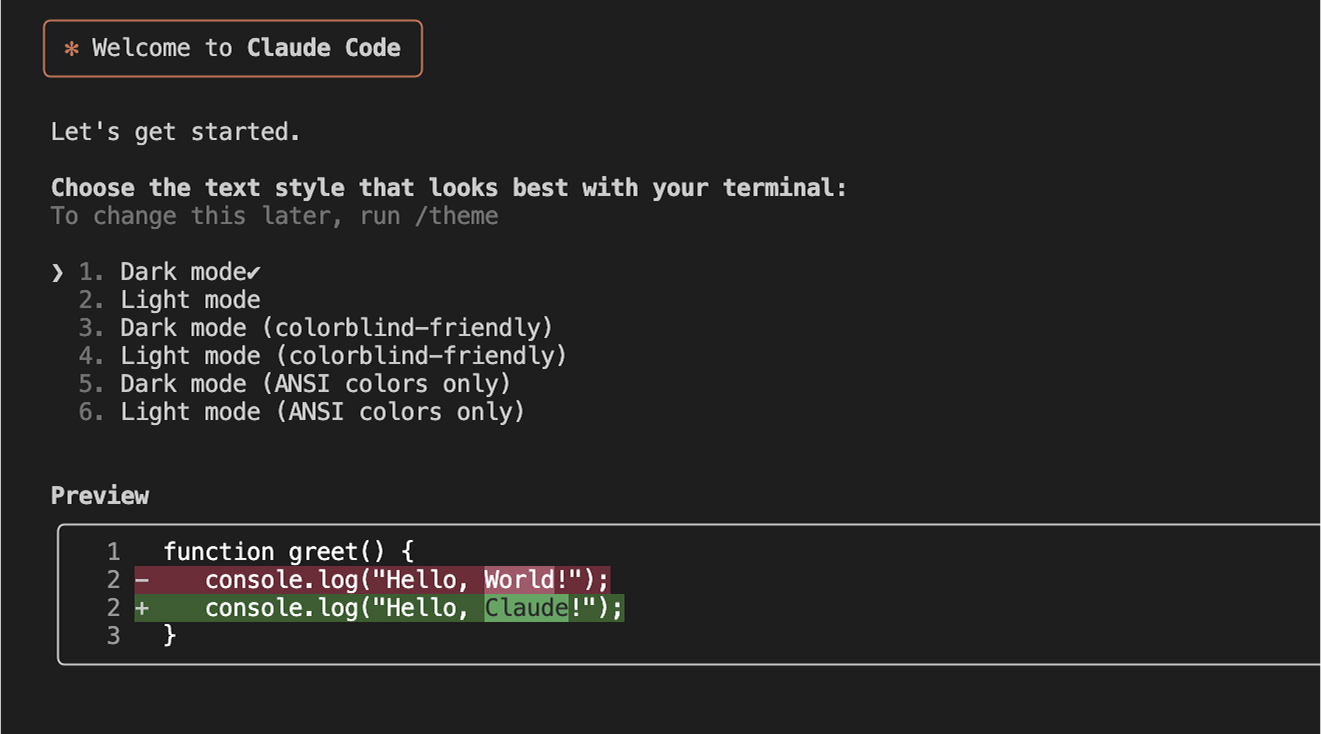 Claude Code terminal welcome screen showing theme selection options including dark mode, light mode, and colorblind-friendly variants