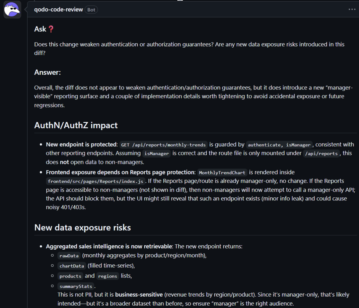 Qodo Review Agent evaluating authentication and authorization impact of new reporting endpoint, flagging aggregated sales intelligence exposure risks