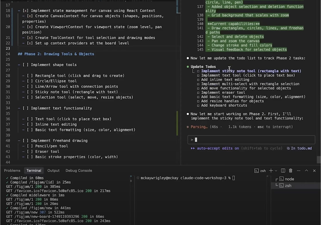Claude Code terminal executing Phase 2 canvas drawing tools implementation with real-time compilation logs and task checklist