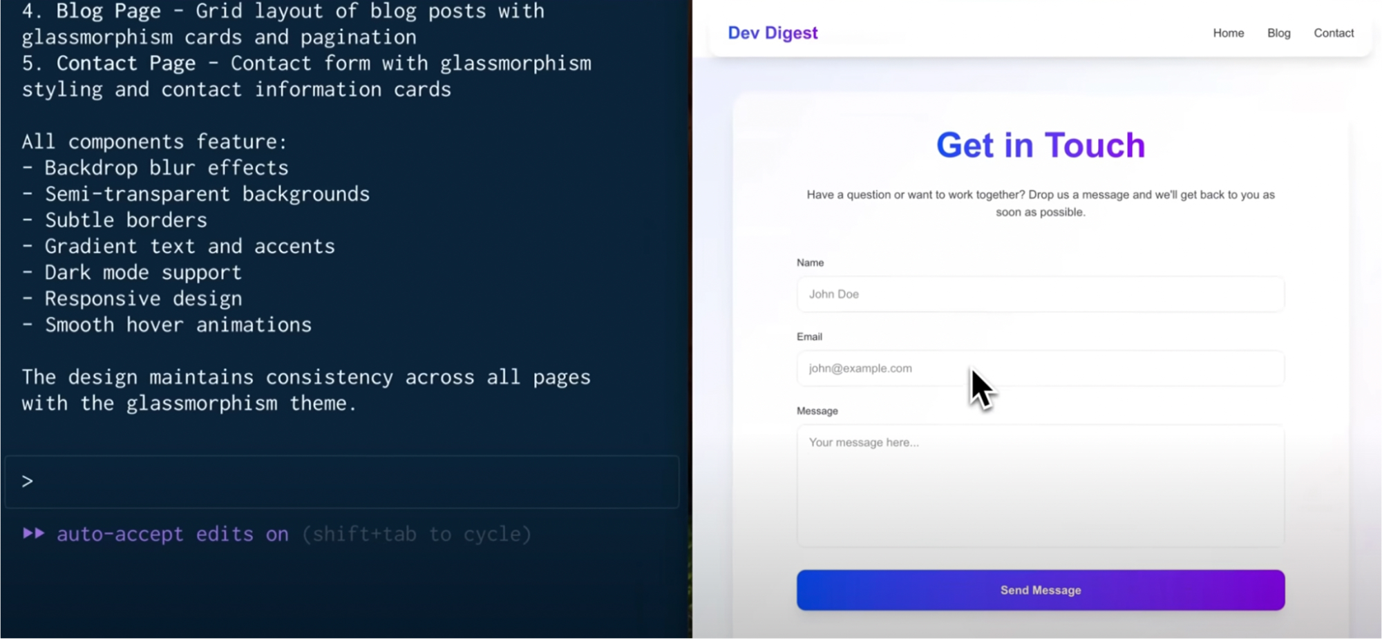 Claude Code generating glass morphism UI components including blog grid layout and translucent contact form with responsive design