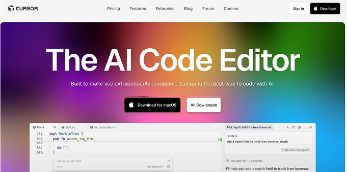 Cursor AI Code Editor landing page VS Code fork with inline AI completions and Agent Mode for code assistance