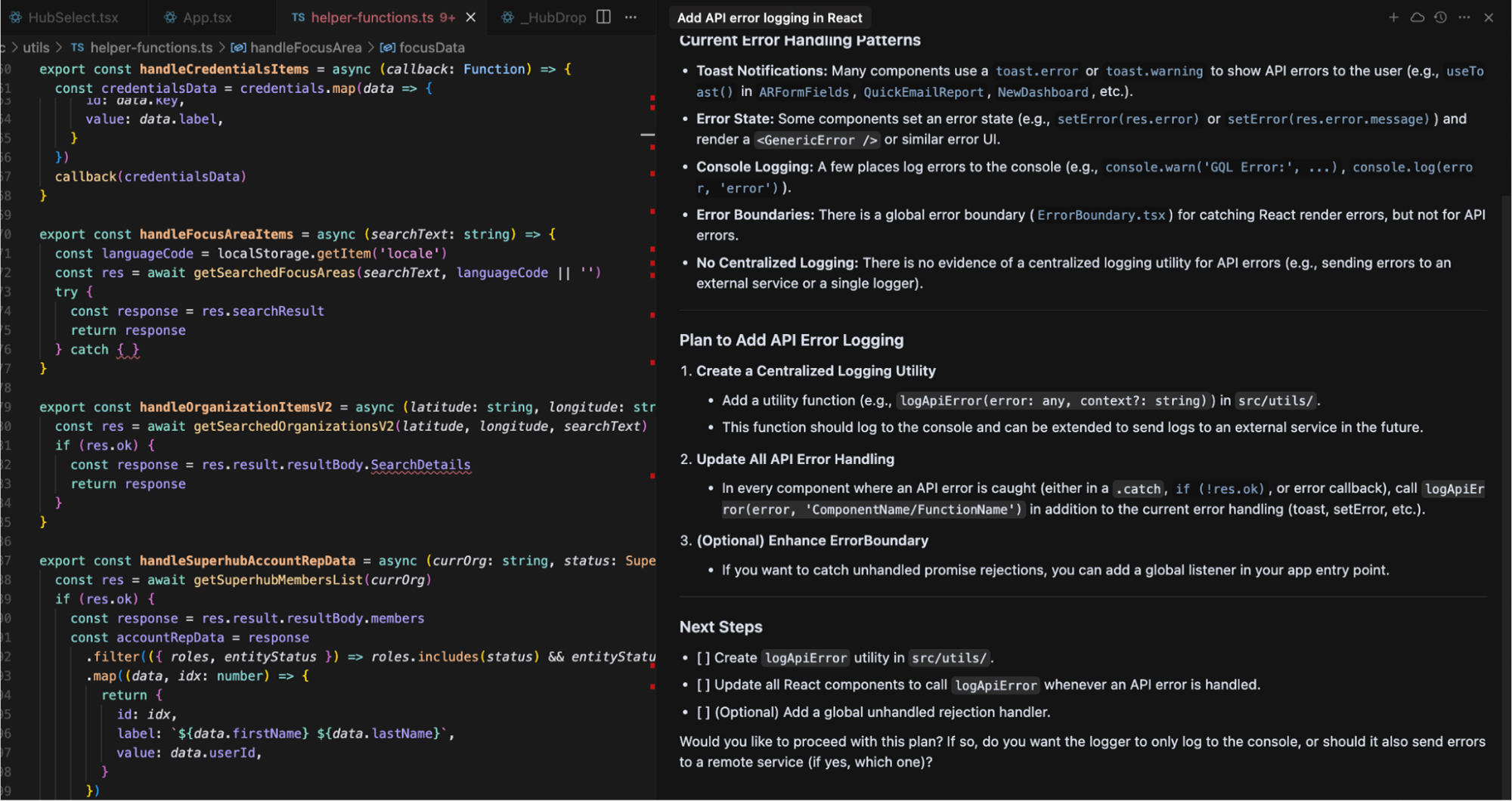 Cursor Agent Mode analyzing existing error patterns across React components and proposing centralized logApiError utility implementation plan